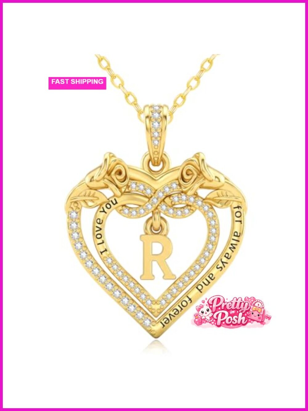 14K Gold Plated Initial Letter Heart Pendant Necklace, I Love You Forever
